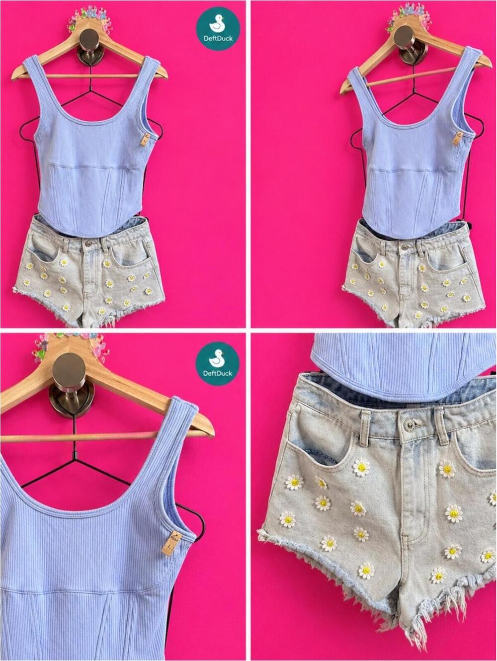 Lavender Blue Ribbed Tank & Daisy Embroidered Denim Shorts Set